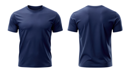navy blue t shirt round neck front and back side template isolated on transparent white background, clipping path