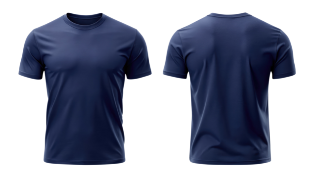 navy blue t shirt round neck front and back side template isolated on transparent white background, clipping path