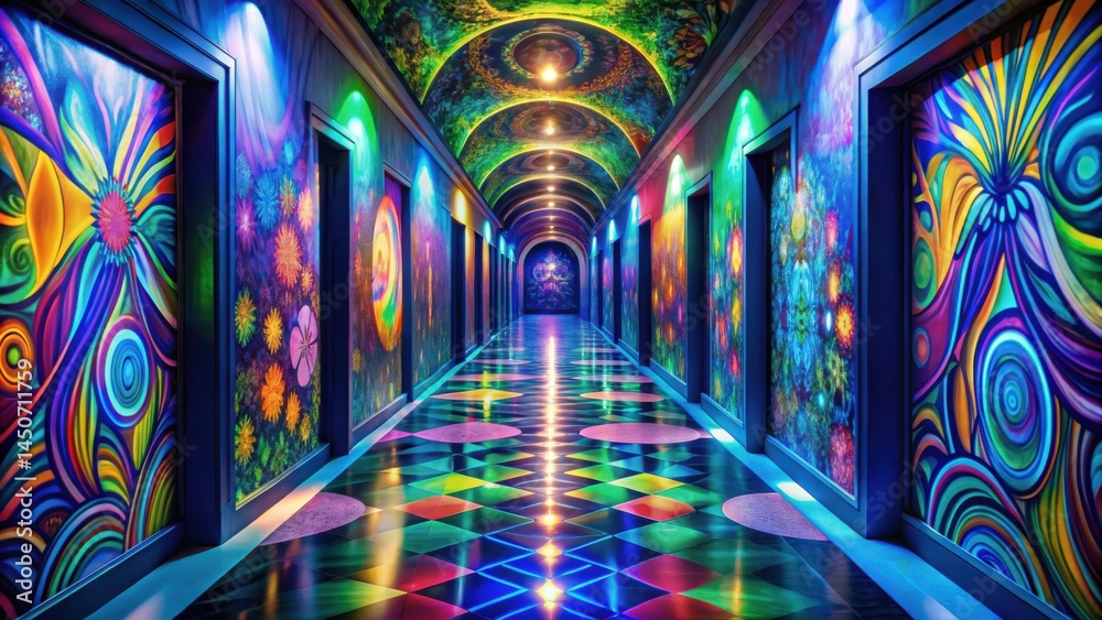 Aufkleber a hallway with a colorful and vibrant ceiling lit by neon lights, leading to an unknown destination.