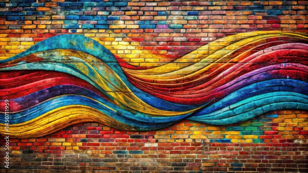Aufkleber a colorful wave sculpted into a brick wall, a vibrant and dynamic artistic expression
