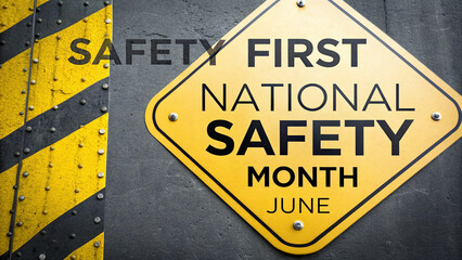National Safety Month June Awareness Design with Bold Yellow Warning Sign, Rivets, and High-Contrast Text on Dark Industrial Background, Generative AI