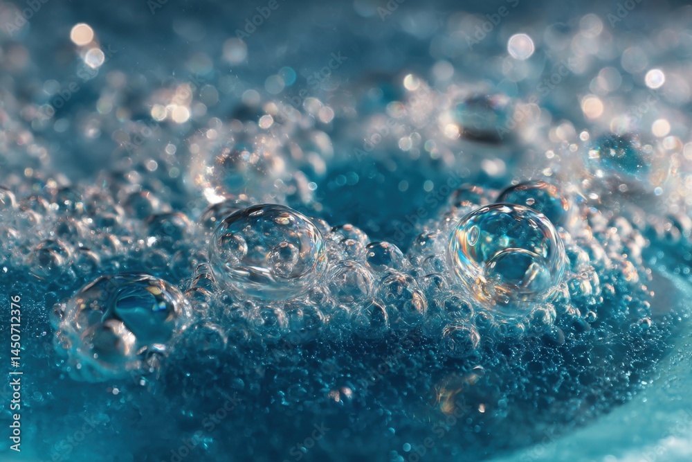 Poster captivating closeup of vibrant blue liquid surface with shimmering bubbles creating a mesmerizing te