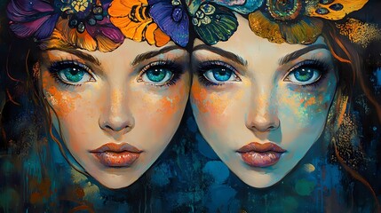 Acrylic painting of two mirrored women with fiery orange and cool blue hair symbolizing Gemini zodiac sign, facing each other in a cosmic starry background with ornate swirling details.