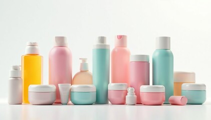 Array of various cosmetic containers on white , minimalist, shine, containers