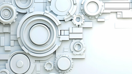 Abstract white geometric design with interlocking gears and circular elements, creating a technological or mechanical feel