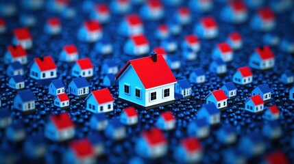 Blue and red miniature houses dense housing development 3 d rendering