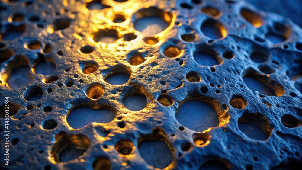 Fototapete A close-up view of a textured surface with a multitude of circular indentations, highlighting a mesmerizing interplay of light and shadow that reveals an intricate pattern of natural erosion.