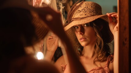 Woman Trying on a Straw Hat in Front of a Mirror