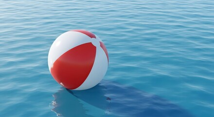 Naklejka premium Red and White Beach Ball Floating on Calm Blue Ocean Water
