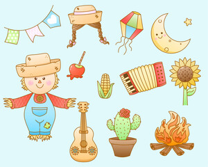 a vector illustration set of Brazilian Festa Junina element decorations with various elements and colorful. Festa Junina clip art decoration element. Perfect for project related festa junina.