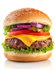 Delicious cheeseburger with fresh ingredients on white background perfect for food photography and culinary arts showcasing a tasty meal and healthy eating