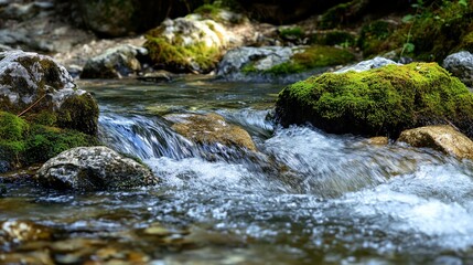 Serene waterscape featuring a gentle stream flowing over mossy rocks