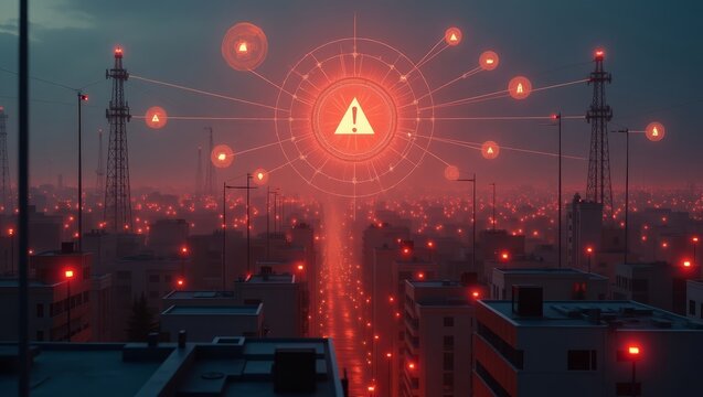 Futuristic emergency broadcast visuals with communication nodes &mdash; great for apps, crisis response tools, and infrastructure presentations