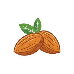 This illustration depicts two tan-colored almonds side-by-side, embellished with a duo of green leaves to give a sense of freshness and natural wholesomeness.