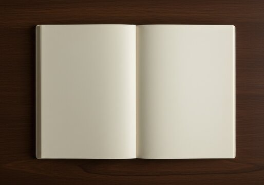 Open blank notebook with cream colored pages lying flat on a dark brown wooden surface from a top view