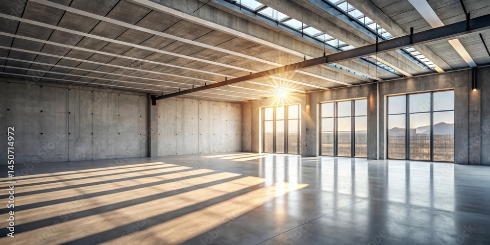 Fototapete Sunlight streams through large windows illuminating an empty concrete room with exposed beams and a sleek modern aesthetic.