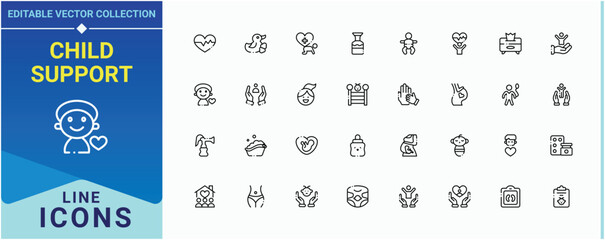 Child Support line icon set. Contains such icons as child, health, baby, newborn and more. Child Care icon set. Modern icons collection. Art and illustration.