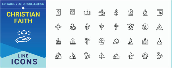Christian Faith icon set. Pack of spirit, religion, catholicism, ritual, easter, religious, catholic and more. Christian Religion line icon set. Editable stroke. Pixel Perfect.