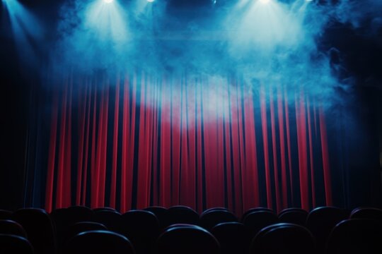 Cinematic theatre stage with red curtains and fog announcing upcoming performance, coming soon announcement cinematic text video