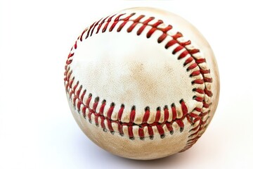 Well-worn baseball, off-white, red stitching, isolated