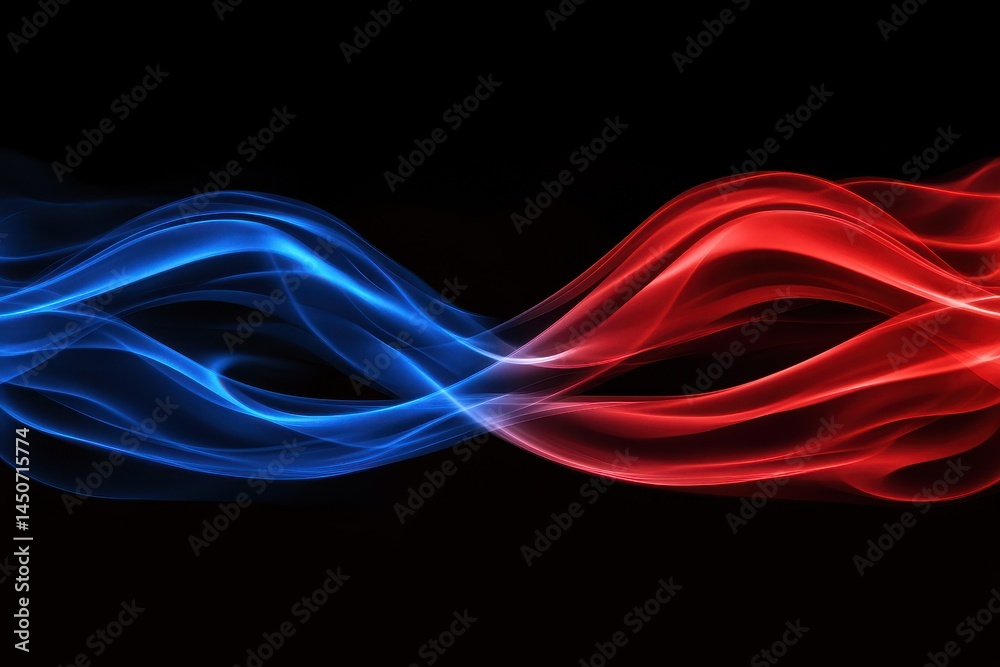 Poster swirling red and blue smoke patterns on a black background create an artistic visual experience, red