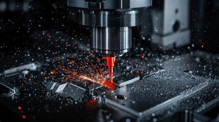 Cnc machine drill cutting metal with sparks