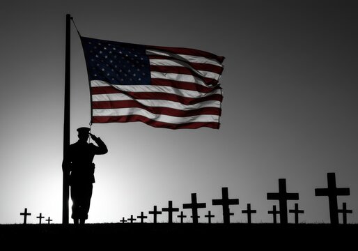 Silhouette of soldier saluting american flag with crosses in foreground on memorial or veterans day