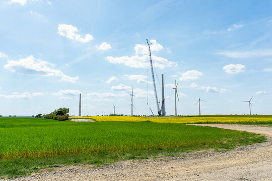 Windkraftanlagen in Brandenburg, Deutschland, idyllische Ansicht, Rapsfeld