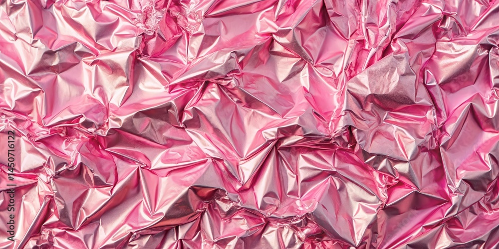 Poster a close-up photograph of a textured pink metallic surface with a crumpled and wrinkled appearance