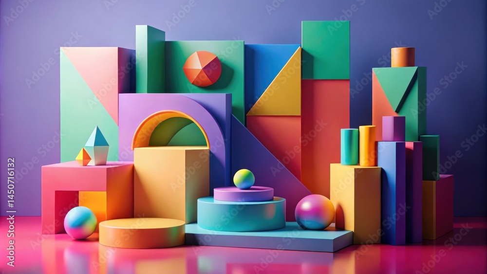 Poster A vibrant abstract composition of geometric shapes in various colors, creating a playful and visually engaging design.
