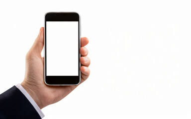 mano sostiene un telefono movil de manera horizontal, color blanco, aislado, sobre fondo blanco, mockup