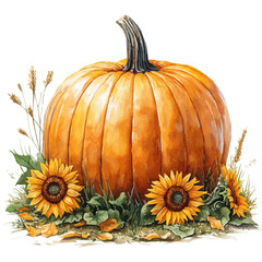 watercolor of Fall Pumpkin With Sunflowers, vector, isolated on a white background.