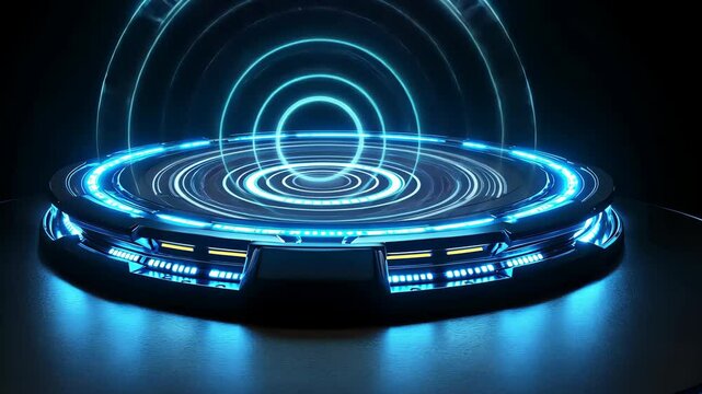 Futuristic holographic technology: dynamic blue light waves emanating from circular platform