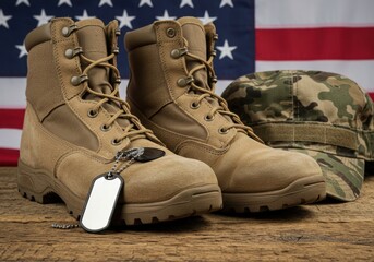 Military boots with dog tags and camouflage cap against american flag backdrop on wooden surface