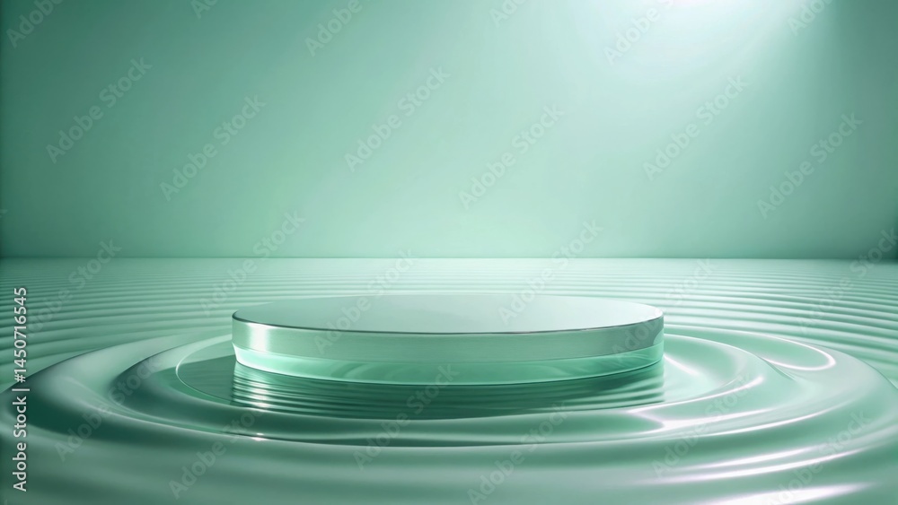 Leinwandbilder a circular glass platform floating on a serene rippling surface in a soft green setting