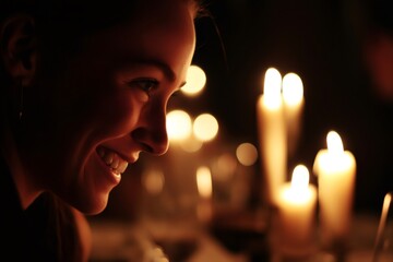 Close up of a happy woman enjoying a romantic candlelit dinner, creating a warm and intimate atmosphere