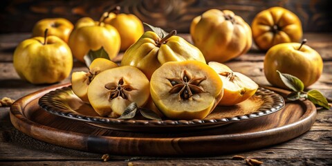 Fototapeta premium Ripe and Juicy Quince Fruit on Rustic Wooden Table, Showing Their Golden Hue and Aromatic Seeds