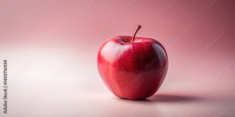 Poster a single red apple, gleaming with a natural shine, sits on a soft pink surface, bathed in warm light