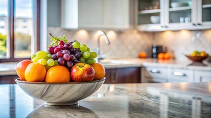 A bowl of fresh fruit sits on a pristine countertop, the centerpiece of a well-appointed kitchen, a testament to healthy living and culinary inspiration.