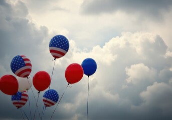Fototapeta premium Patriotic balloons floating against a cloudy sky with red white and blue colors visible outdoors