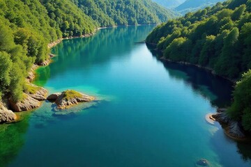 Obraz premium Symmetrical lake with branching inlets, creating geometric shapes, branching, image, water