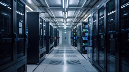 Data Center Servers in a Row with Bright Overhead Lighting and D