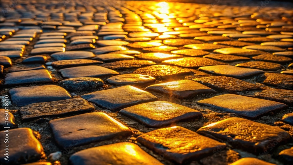 Aufkleber cobblestone pathway bathed in golden sunlight, creating a glimmering mosaic of shadows and light