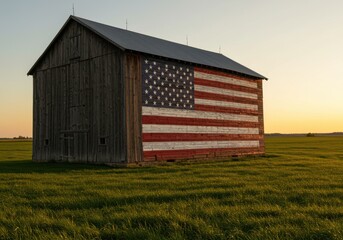 Obraz premium A weathered barn adorned with a painted american flag stands in a lush green field at sunset or sunrise