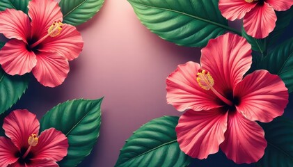 Obraz premium Bold hibiscus blooms, tropical leaves, vibrant color burst , colorful, pink, red
