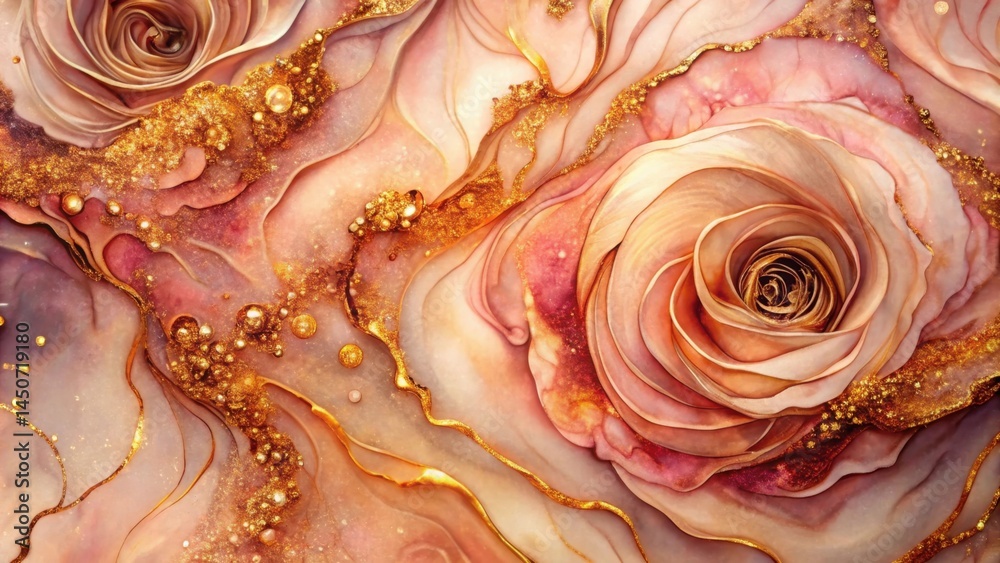 Poster abstract rose with golden shimmer and swirling patterns in a pastel palette