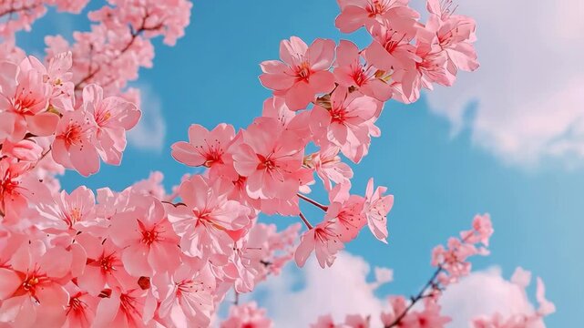 Pink cherry blossom flowers bloom on a branch, showcasing the beauty of spring nature against a blue sky