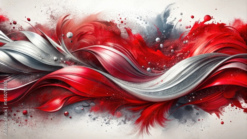 Aufkleber abstract art, with silver and red flowing abstract shapes, with random spheres in shades of red and 