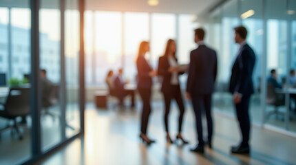 A spacious office space with a modern interior, blurred figures of employees, and soft natural light