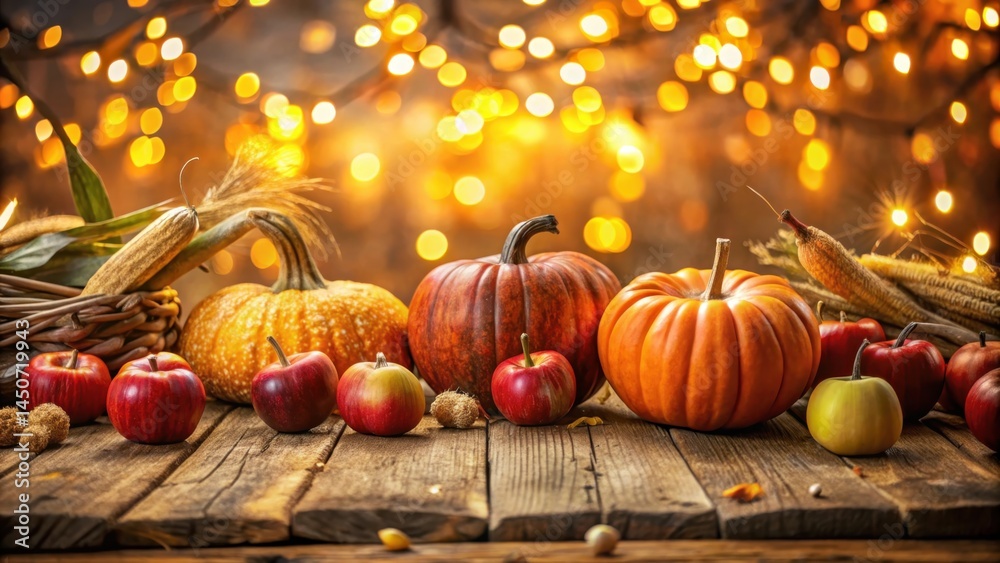 Poster warm autumnal glow pumpkins and apples on a rustic wooden table with a festive bokeh background